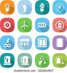 flat vector icon set - bulb vector, lightning, sun power, windmill, battery, charge, infinity, air conditioning, switch, chip, kettle, vacuum cleaner