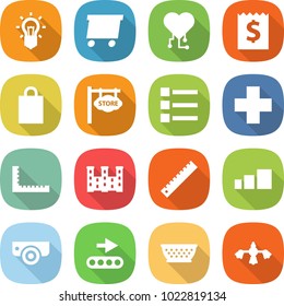 flat vector icon set - bulb vector, delivery, cardio chip, receipt, shopping bag, store signboard, list, cross, ruler, palace, sorting, surveillance camera, conveyor, colander