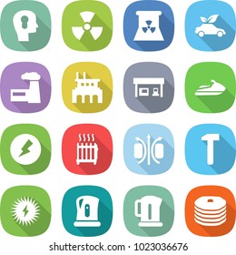 flat vector icon set - bulb head vector, nuclear, power, eco car, factory, gas station, jet ski, electricity, radiator, magnetic field, hammer, solar, kettle, pancakes