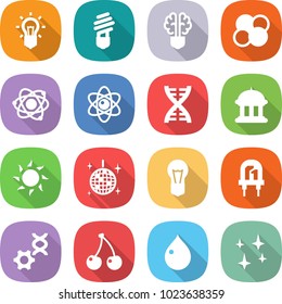 flat vector icon set - bulb vector, brain, atom core, dna, goverment house, sun, disco ball, led, edit, cherry, drop, shining