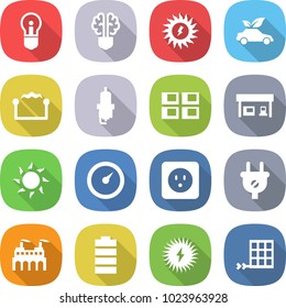 flat vector icon set - bulb vector, brain, sun power, eco car, electrostatic, spark plug, panel house, gas station, barometer, socket, factory, battery, solar