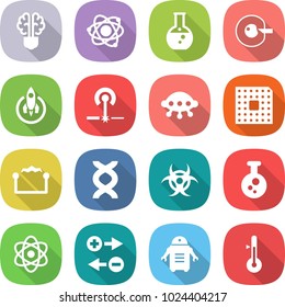 flat vector icon set - bulb brain vector, atom, round flask, cell corection, rocket, laser, ufo, cpu, electrostatic, dna, biohazard, chemical, charge particle, robot, thermometer