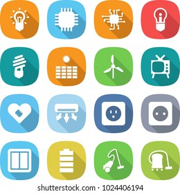 flat vector icon set - bulb vector, chip, sun power, windmill, tv, pacemaker, air conditioning, socket, switch, battery, vacuum cleaner