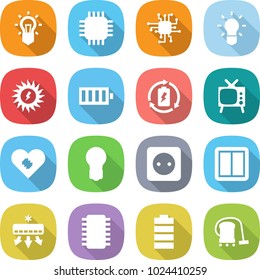 flat vector icon set - bulb vector, chip, sun power, battery, charge, tv, pacemaker, socket, switch, air conditioning, vacuum cleaner