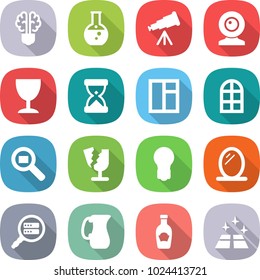 flat vector icon set - bulb brain vector, round flask, telescope, web cam, wineglass, sand clock, window, arch, cargo search, broken, mirror, data, jug, ketchup, clean floor