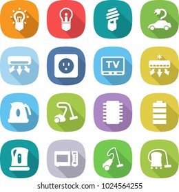 flat vector icon set - bulb vector, electric car, air conditioning, power socket, tv, kettle, vacuum cleaner, chip, battery, microwave oven