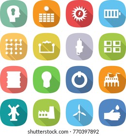 flat vector icon set - bulb head vector, sun power, battery, chip, electrostatic, spark plug, panel house, barrel, on off button, factory, windmill, hand drop