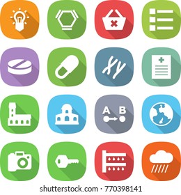 flat vector icon set - bulb vector, hex molecule, delete cart, list, pill, chromosomes, recipe, mansion, route a to b, earth, camera, key, watering, rain cloud