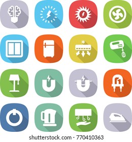 flat vector icon set - bulb brain vector, lightning, sun power, cooler fan, switch, fridge, air conditioning, mixer, floor lamp, magnet, electric, led, on off button, kettle, hand dryer, iron