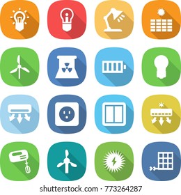 flat vector icon set - bulb vector, table lamp, sun power, windmill, nuclear, battery, air conditioning, socket, switch, mixer, solar, panel