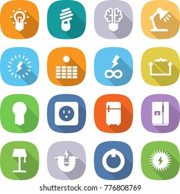 flat vector icon set - bulb vector, brain, table lamp, lightning, sun power, infinity, electrostatic, socket, fridge, floor, electric magnet, on off button, solar