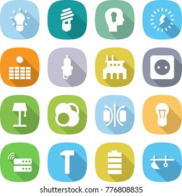 flat vector icon set - bulb vector, head, lightning, sun power, spark plug, factory, socket, floor lamp, atom core, magnetic field, server, hammer, battery, plow