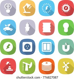 flat vector icon set - bulb brain vector, table lamp, lightning, sun power, eco car, spark plug, barrel, electricity, socket, switch, magnet, press, oil pump, pancakes, windmill