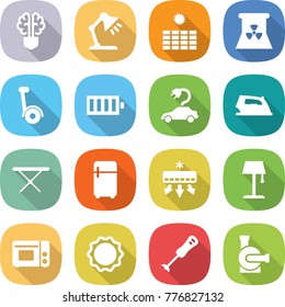 flat vector icon set - bulb brain vector, table lamp, sun power, nuclear, gyroscooter, battery, electric car, iron, board, fridge, air conditioning, floor, grill oven, induction, blender, water pump