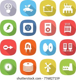 flat vector icon set - bulb brain vector, eco car, electrostatic, factory, electricity, power socket, speaker, radiator, electron, led, coil, server, solar, pancakes, windmill