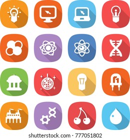 flat vector icon set - bulb vector, monitor arrow, notebook, atom core, dna, goverment house, disco ball, led, factory, edit, cherry, drop