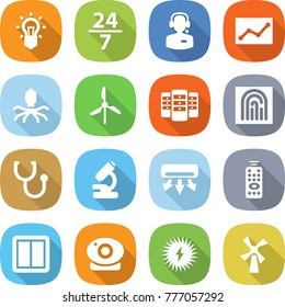 flat vector icon set - bulb vector, 24 7, call center, statistics, virus, windmill, server, fingerprint, stethoscope, microscope, air conditioning, remote control, power switch, web camera, solar