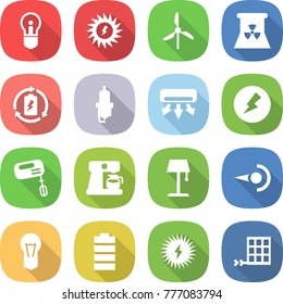 flat vector icon set - bulb vector, sun power, windmill, nuclear, battery charge, spark plug, air conditioning, electricity, mixer, coffee maker, floor lamp, photon, solar, panel