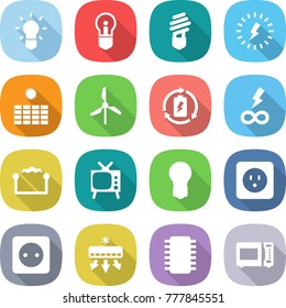 flat vector icon set - bulb vector, lightning, sun power, windmill, battery charge, infinity, electrostatic, tv, socket, air conditioning, chip, microwave oven