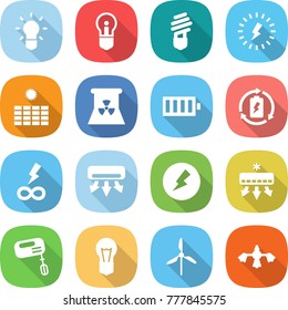 flat vector icon set - bulb vector, lightning, sun power, nuclear, battery, charge, infinity, air conditioning, electricity, mixer, windmill, hard reach place cleaning