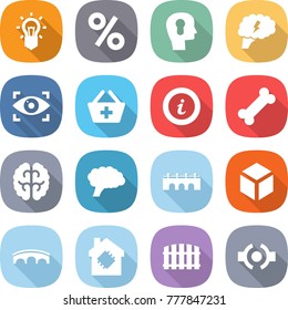flat vector icon set - bulb vector, percent, head, brain, eye identity, add to basket, info, bone, bridge, 3d, smart house, fence, connect