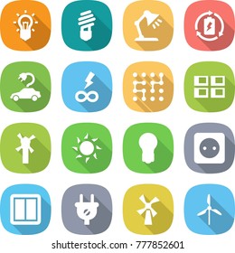 flat vector icon set - bulb vector, table lamp, battery charge, electric car, infinity power, chip, panel house, windmill, sun, socket, switch, plug
