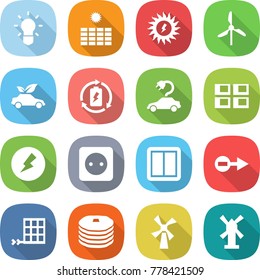 flat vector icon set - bulb vector, sun power, windmill, eco car, battery charge, electric, panel house, electricity, socket, switch, electron, solar, pancakes