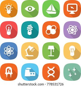 flat vector icon set - bulb vector, eye, boat, monitor arrow, atom core, table lamp, floor, led, factory, dna, shining