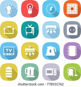 flat vector icon set - bulb vector, lightning, cpu, electrostatic, tv, air conditioning, power socket, kettle, chip, battery, microwave oven, vacuum cleaner