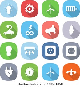 flat vector icon set - bulb vector, sun power, windmill, battery, electric car, infinity, megafon, spark plug, air conditioning, socket, solar, hard reach place cleaning