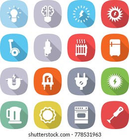 flat vector icon set - bulb vector, brain, lightning, sun power, gyroscooter, spark plug, radiator, fridge, electric magnet, led, solar, kettle, induction oven, blender