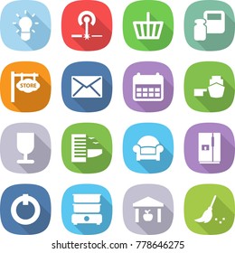 flat vector icon set - bulb vector, laser, basket, scales weight, store signboard, mail, calendar, port, fragile, hotel, armchair, fridge, on off button, double boiler, warehouse, broom