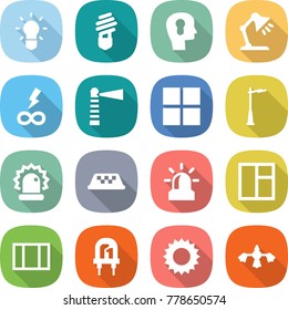 flat vector icon set - bulb vector, head, table lamp, infinity power, lighthouse, window, outdoor light, alarm, taxi, led, sun, hard reach place cleaning