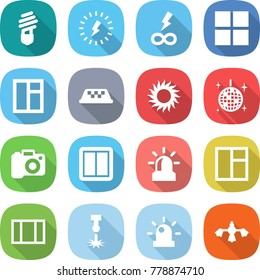 flat vector icon set - bulb vector, lightning, infinity power, window, taxi, sun, disco ball, camera, switch, alarm, laser, siren, hard reach place cleaning