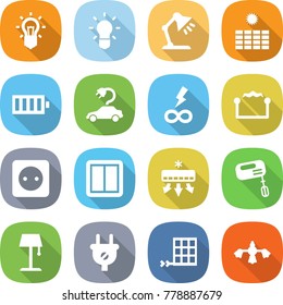 flat vector icon set - bulb vector, table lamp, sun power, battery, electric car, infinity, electrostatic, socket, switch, air conditioning, mixer, floor, plug, solar panel