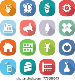 flat vector icon set - bulb vector, alarm clock, sun power, cashbox, megafon, spark plug, medical patch, home, modular house, windmill, on off button, mobile phone, cake, watering, pear