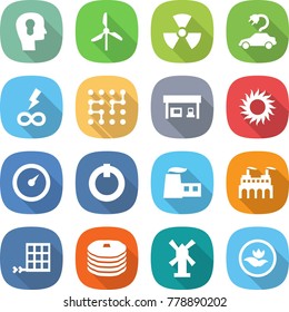 flat vector icon set - bulb head vector, windmill, nuclear, electric car, infinity power, chip, gas station, sun, barometer, on off button, factory, solar panel, pancakes, ecology