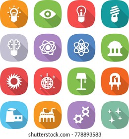 flat vector icon set - bulb vector, eye, brain, atom, goverment house, sun, disco ball, floor lamp, led, factory, dna edit, shining