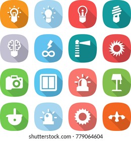 flat vector icon set - bulb vector, brain, infinity power, lighthouse, sun, camera, switch, alarm, floor lamp, ladle, siren, hard reach place cleaning