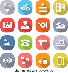 flat vector icon set - bulb brain vector, bio, sun power, houses, palace, client, cafe, surfer, landscape, phone, hair dryer, pool, connect, seeds, bucket and broom, paper towel