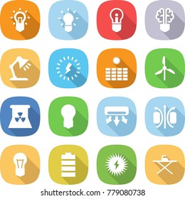 flat vector icon set - bulb vector, brain, table lamp, lightning, sun power, windmill, nuclear, air conditioning, magnetic field, battery, solar, iron board