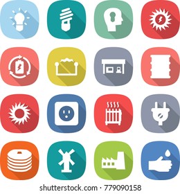 flat vector icon set - bulb vector, head, sun power, battery charge, electrostatic, gas station, barrel, socket, radiator, plug, pancakes, windmill, factory, hand drop