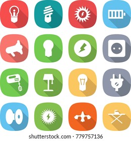 flat vector icon set - bulb vector, sun power, battery, megafon, electricity, socket, mixer, floor lamp, plug, coil, solar, hard reach place cleaning, iron board