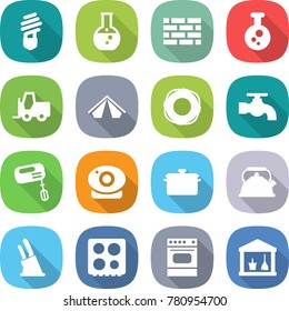 flat vector icon set - bulb vector, round flask, brick wall, chemical, fork loader, tent, lifebuoy, water tap, mixer, web camera, pan, kettle, knife holder, hob, oven, utility room