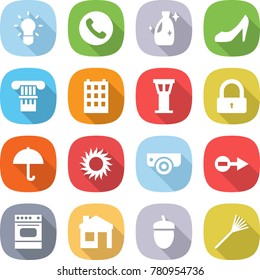 flat vector icon set - bulb vector, phone, cleanser, shoes, column, building, airport tower, lock, dry cargo, sun, surveillance camera, electron, oven, house, acorn, rake