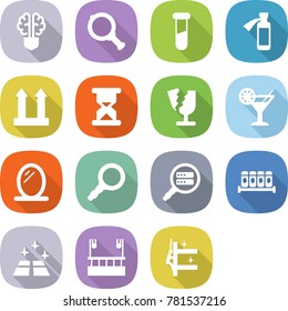 flat vector icon set - bulb brain vector, magnifier, test vial, potion bottle, cargo top sign, sand clock, broken, cocktail, mirror, data search, spices, clean floor, skysrcapers cleaning