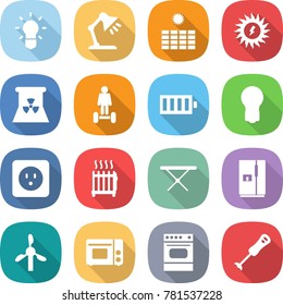 flat vector icon set - bulb vector, table lamp, sun power, nuclear, hoverboard, battery, socket, radiator, iron board, fridge, windmill, grill oven, blender