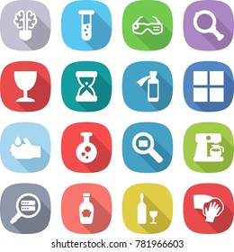 flat vector icon set - bulb brain vector, vial, smart glasses, magnifier, wineglass, sand clock, potion bottle, window, acid, chemical, cargo search, coffee maker, data, ketchup, wine, wiping