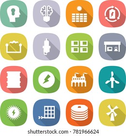 flat vector icon set - bulb head vector, brain, sun power, battery charge, electrostatic, spark plug, panel house, gas station, barrel, electricity, factory, windmill, solar, pancakes