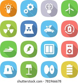 flat vector icon set - bulb vector, gear, brain, windmill, nuclear, power, eco car, battery charge, jet ski, electricity, switch, speaker, kettle, floor lamp, coil